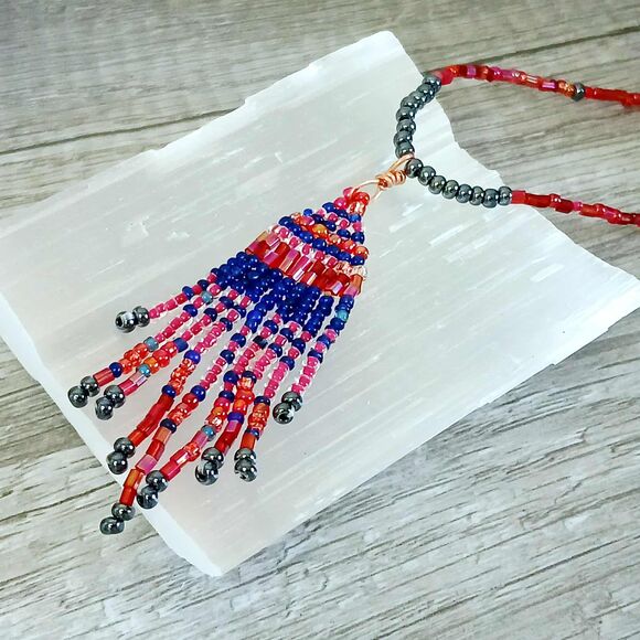 Boho Chic Beaded Fringe Cascade Choker Necklace, Artisan Statement 14.5" - Picture 5 of 7